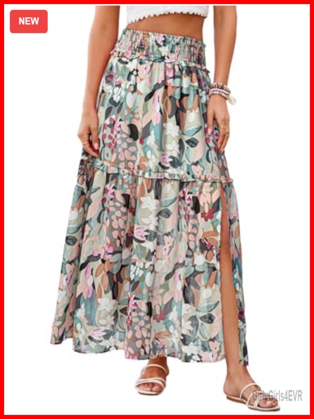 Boho Floral Chiffon Maxi Skirt Smocked High Waist A-Line with Slit
